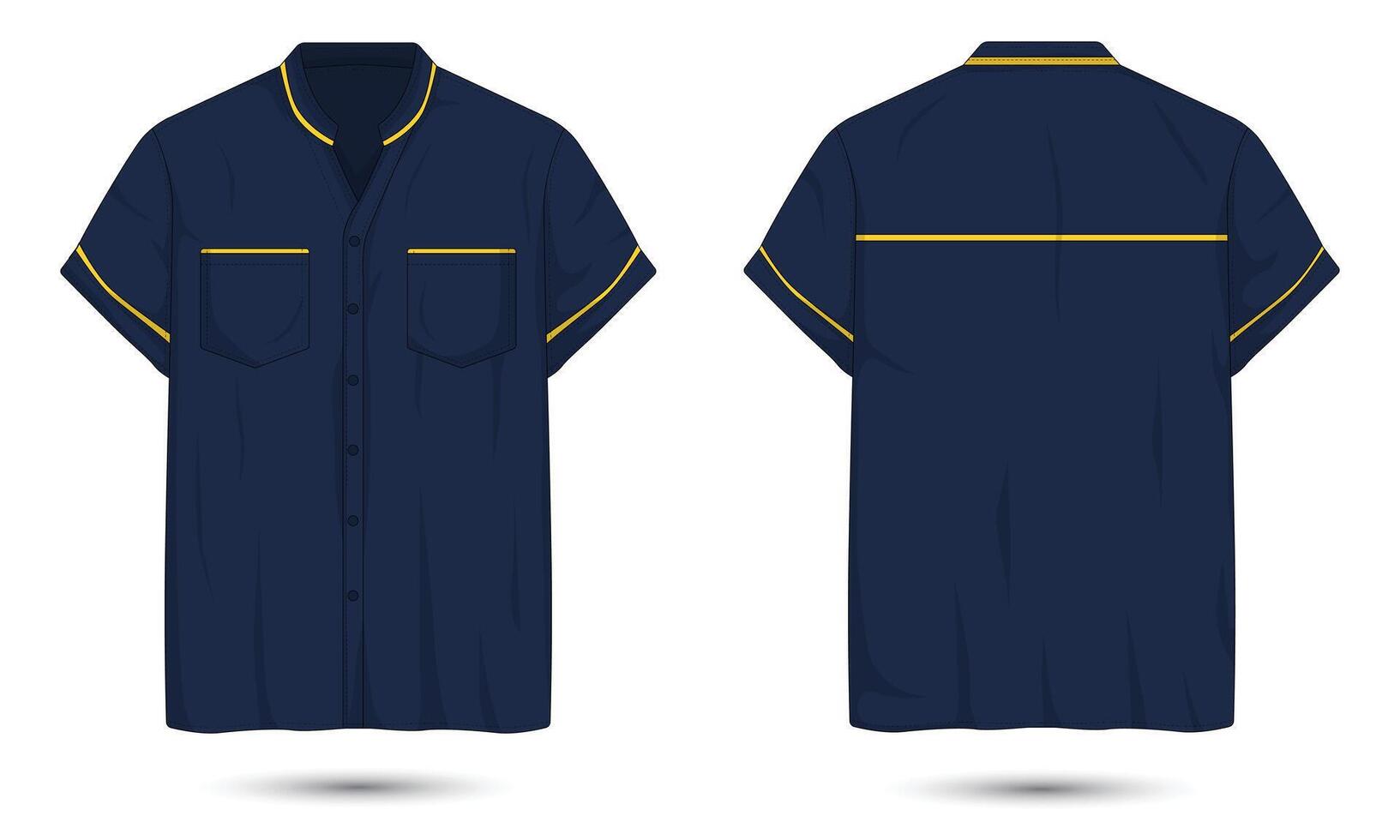 Dark blue button down work shirt mockup with yellow stripes front and back view vector