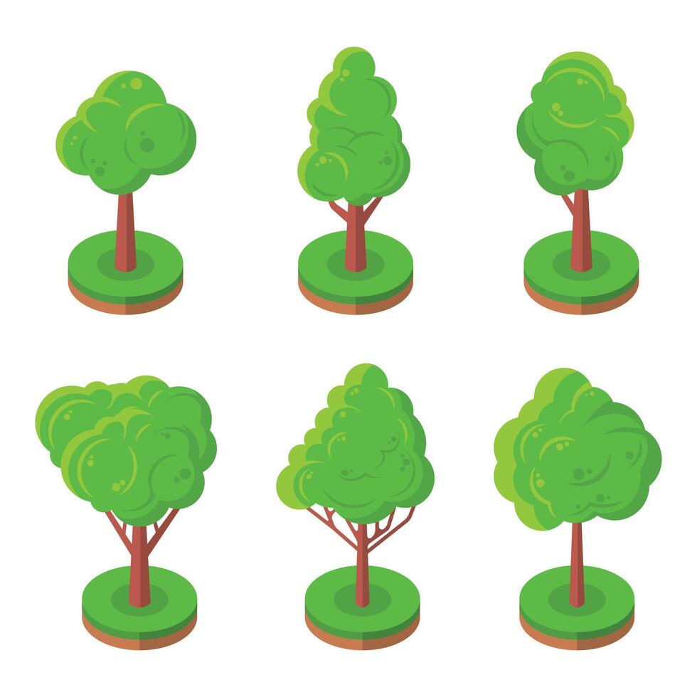 Collection of isometric cartoon trees isolated on white background vector