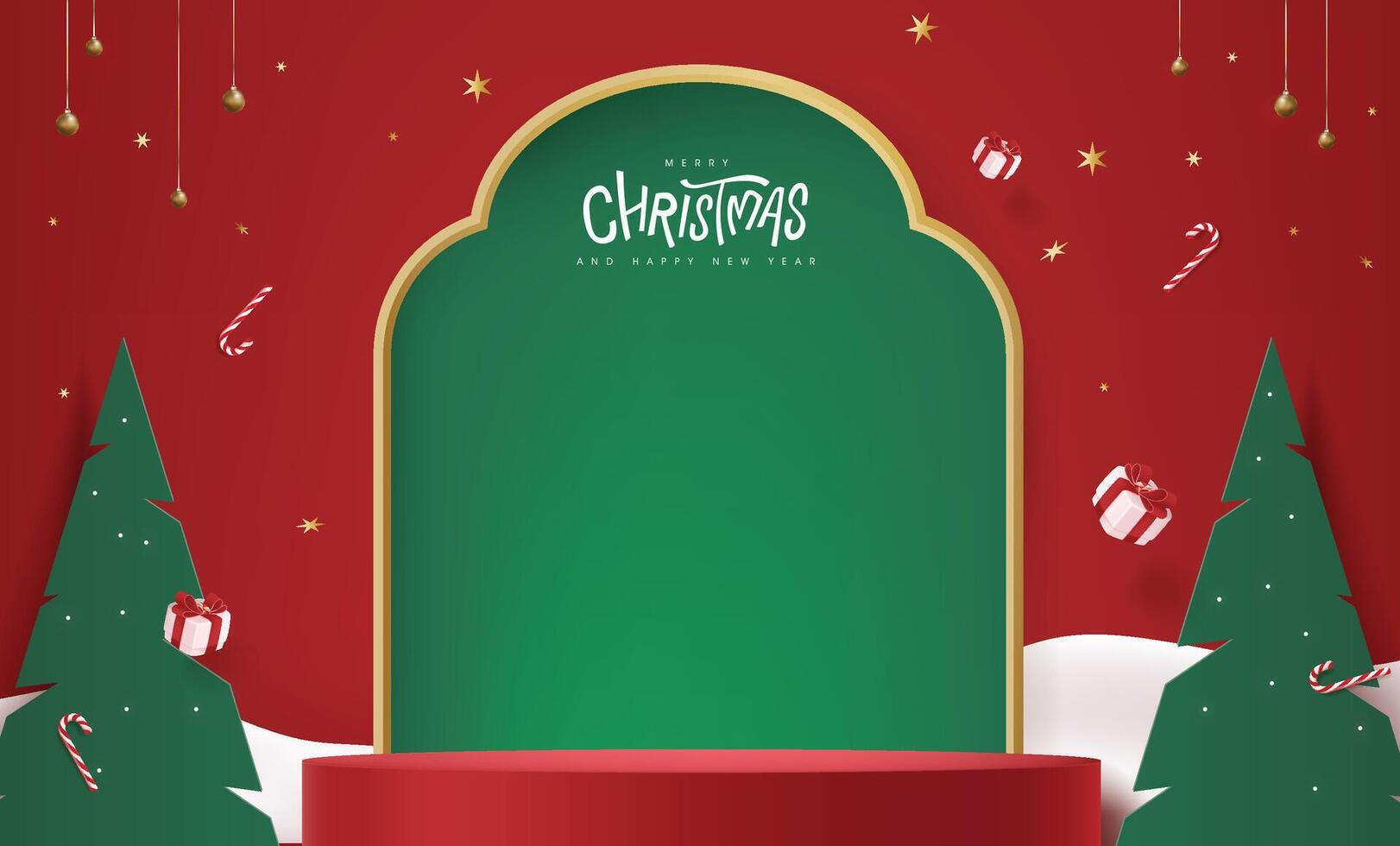 Merry Christmas banner with product display cylindrical shape and festive decoration for christmas vector