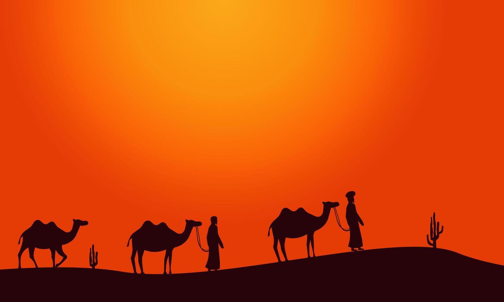 beautiful landscape views of the desert and camels for islamic background vector