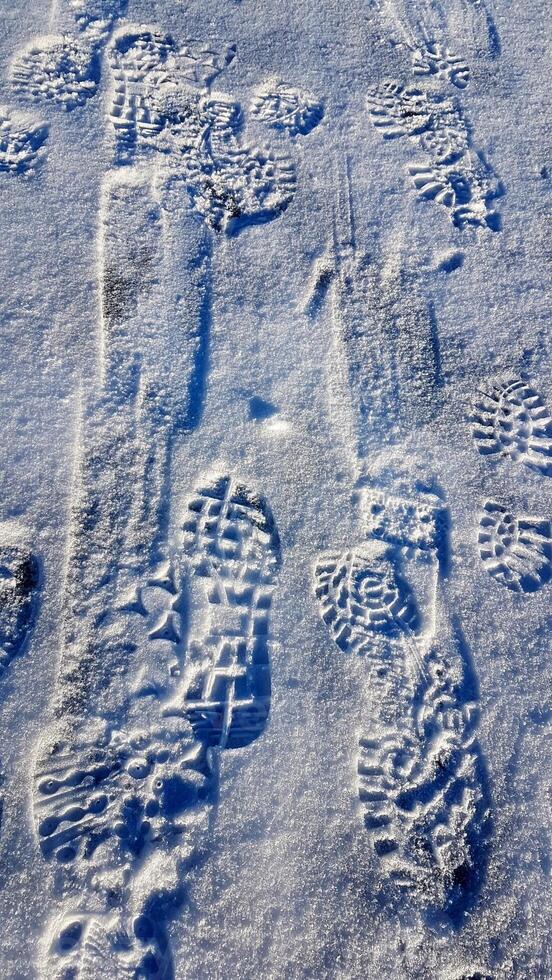 Footprints on a frozen lake in the mountains during a hike. photo