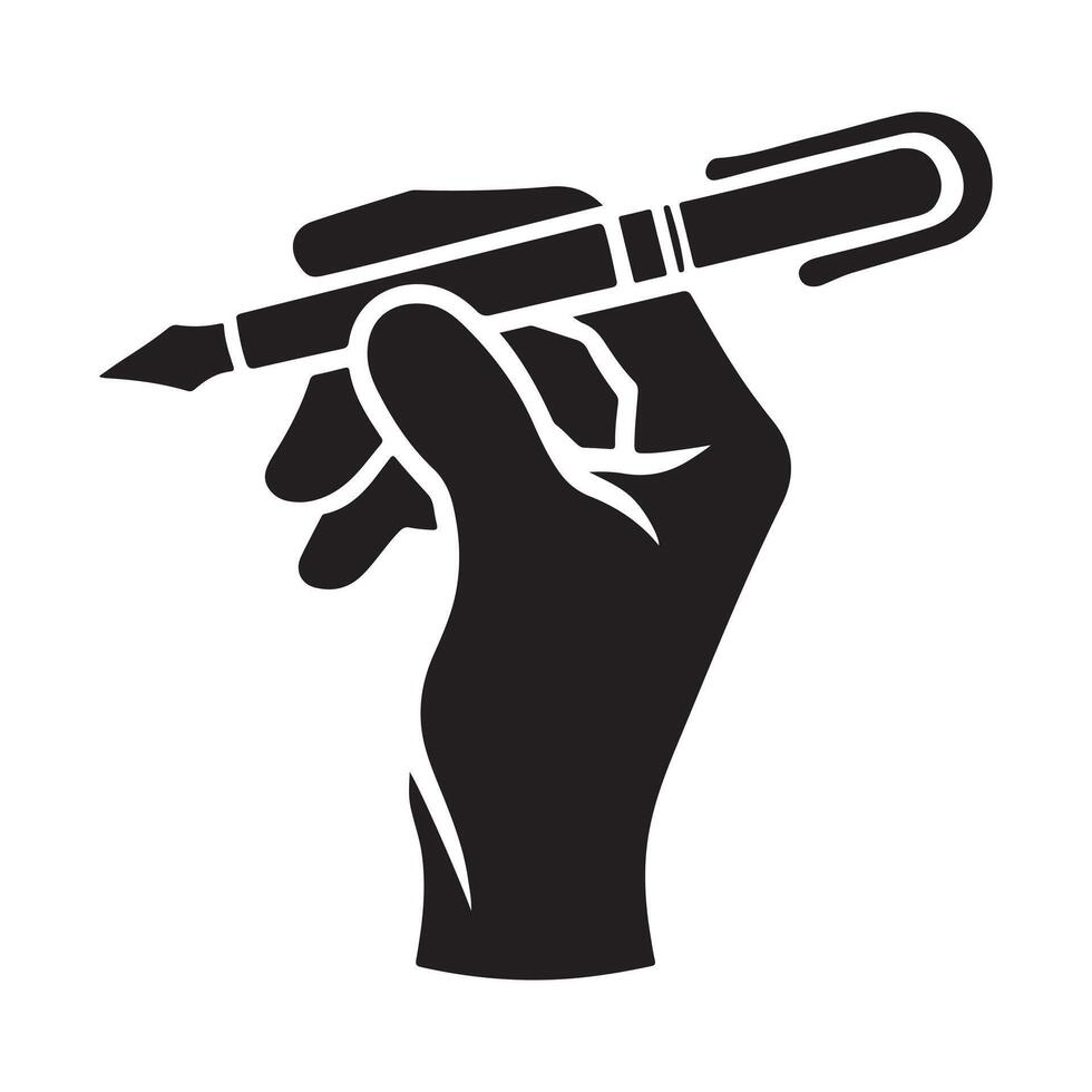 Hand holding pen silhouette. Hand with pen writing drawing silhouette vector