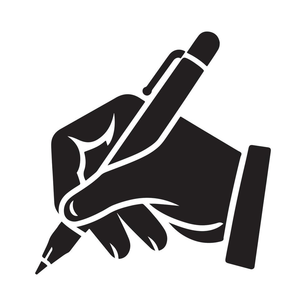 Hand holding pen silhouette. Hand with pen writing drawing silhouette vector