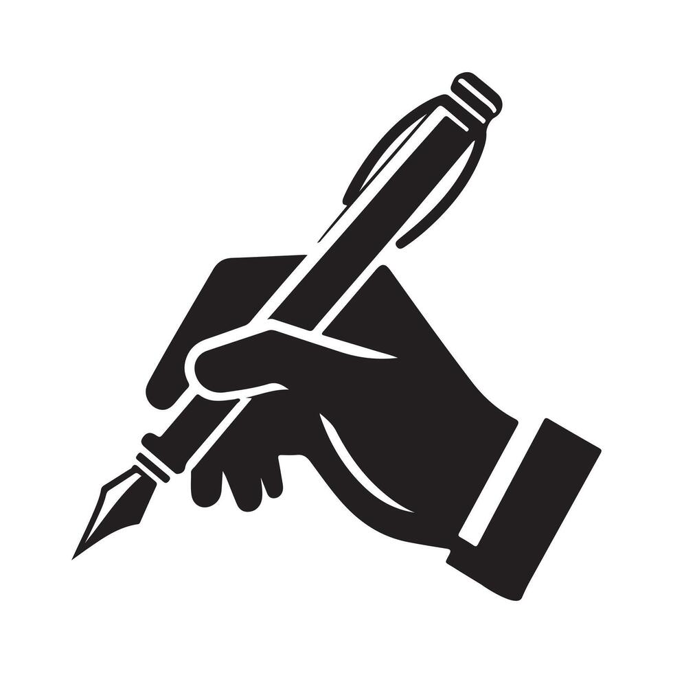 Hand holding pen silhouette. Hand with pen writing drawing silhouette vector
