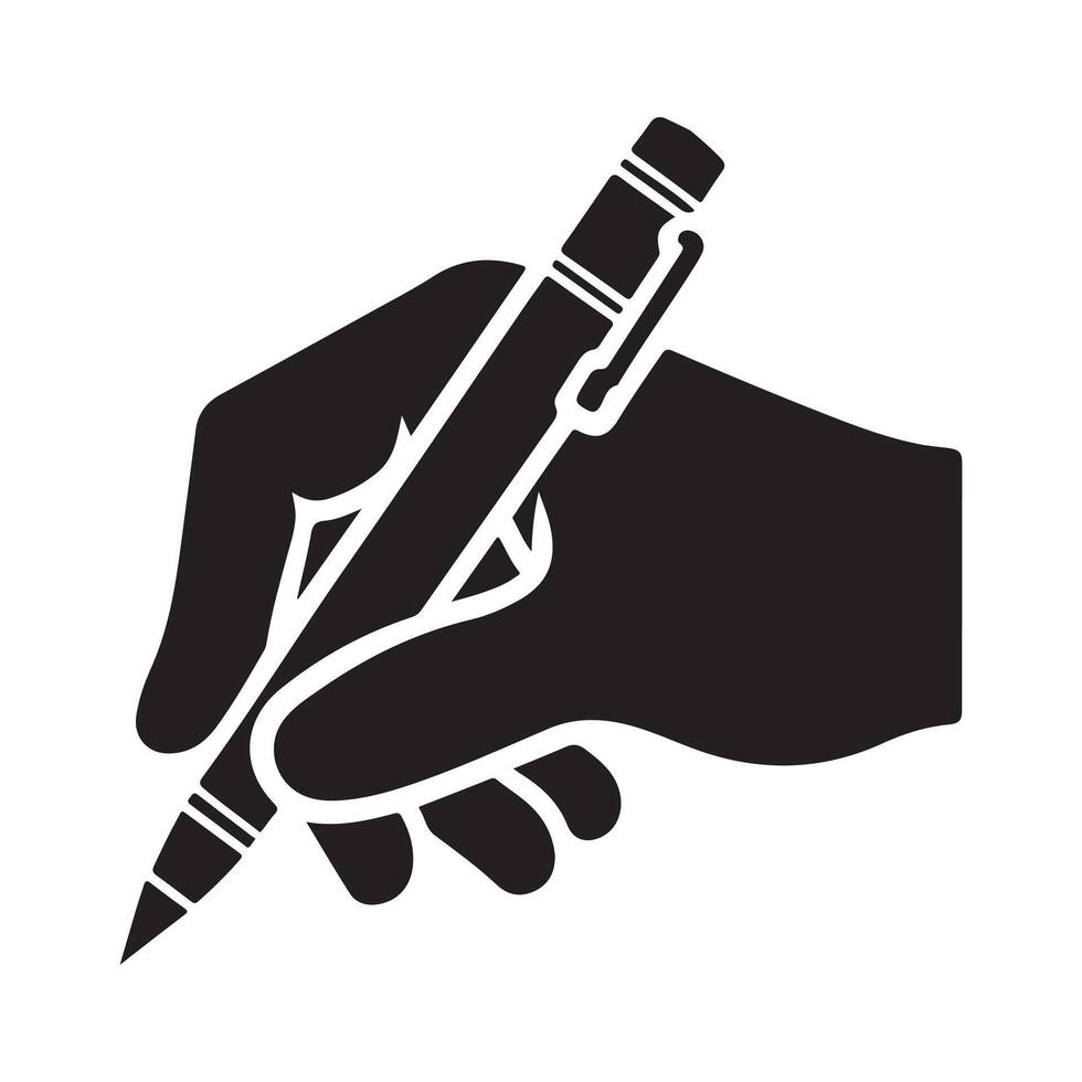 Hand holding pen silhouette. Hand with pen writing drawing silhouette vector