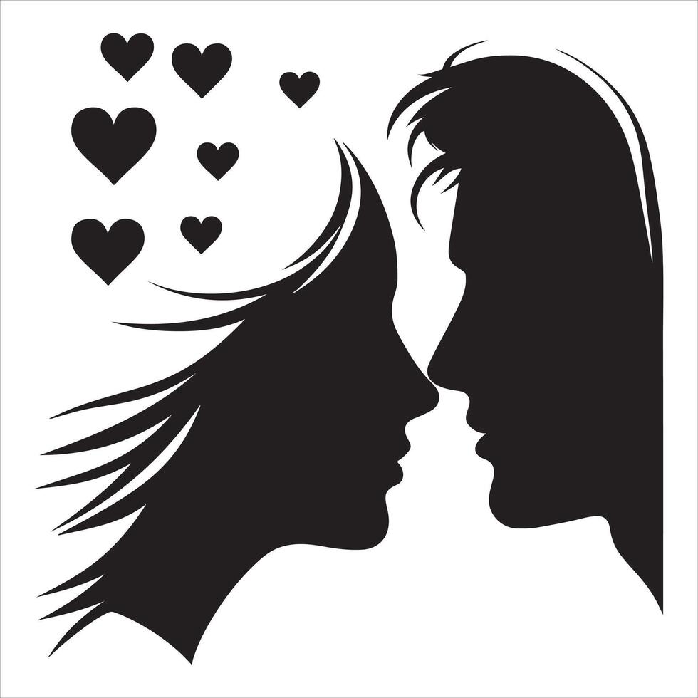 Couple faces silhouettes. Sensual man and woman heads profile, male and female near scene outline graphics isolated on white vector