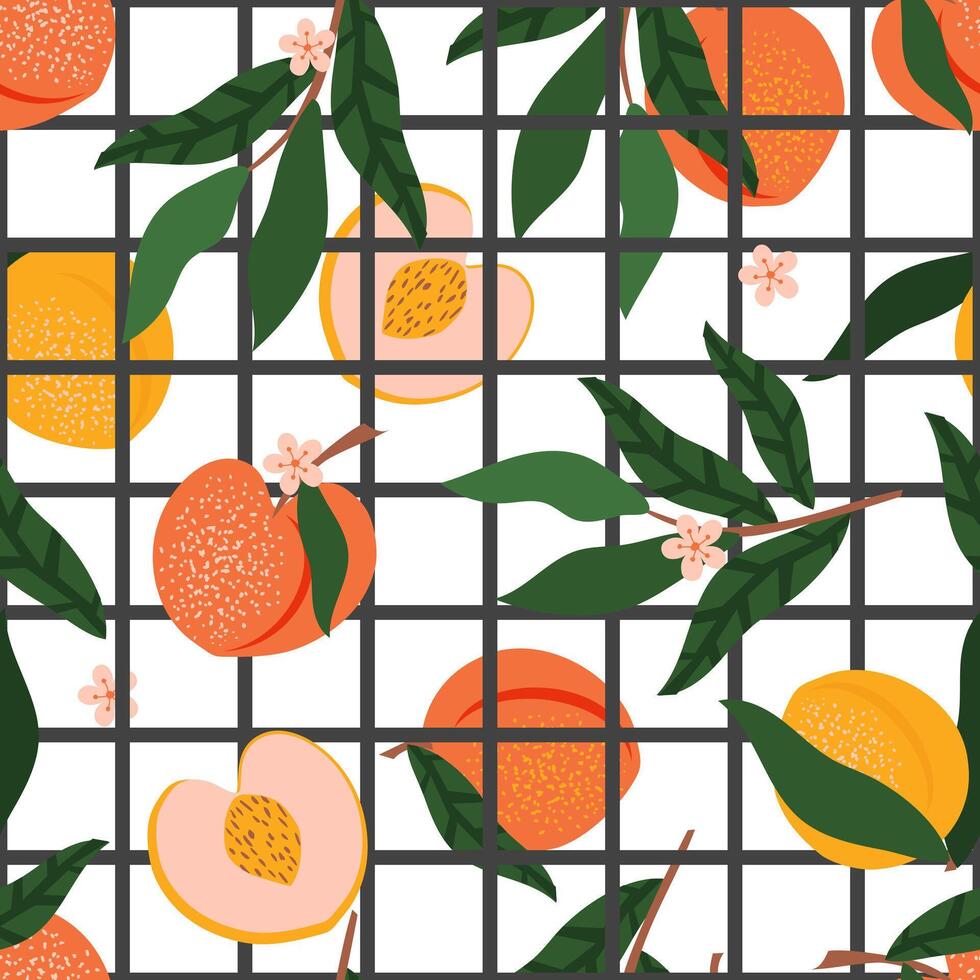 Peach fruit seamless pattern. Summer tropical vibe with white background and black outline checkered mesh for fabrics, wrapping paper, decorative pillows. vector
