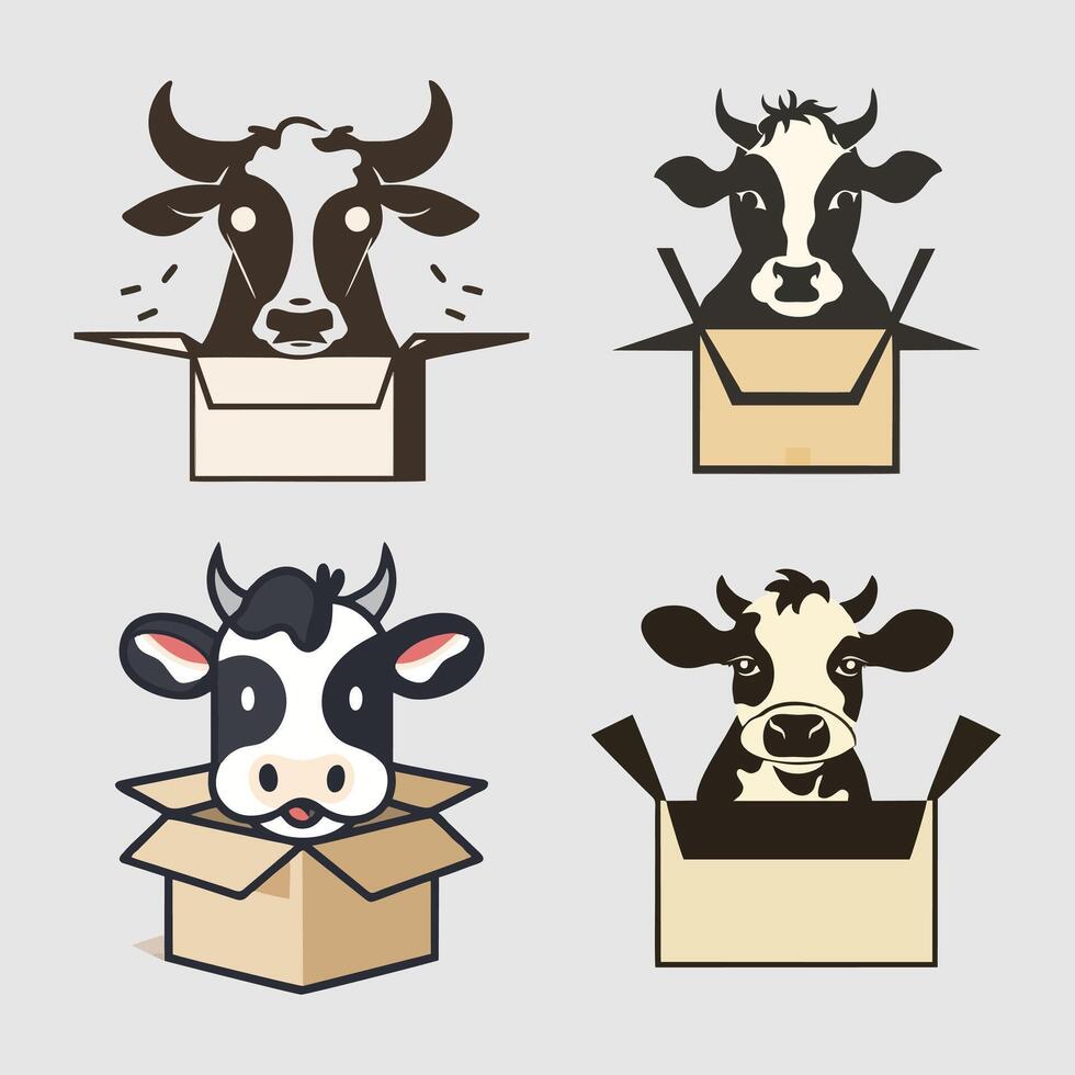 Cows in a box. illustration of farm animals in a box. vector