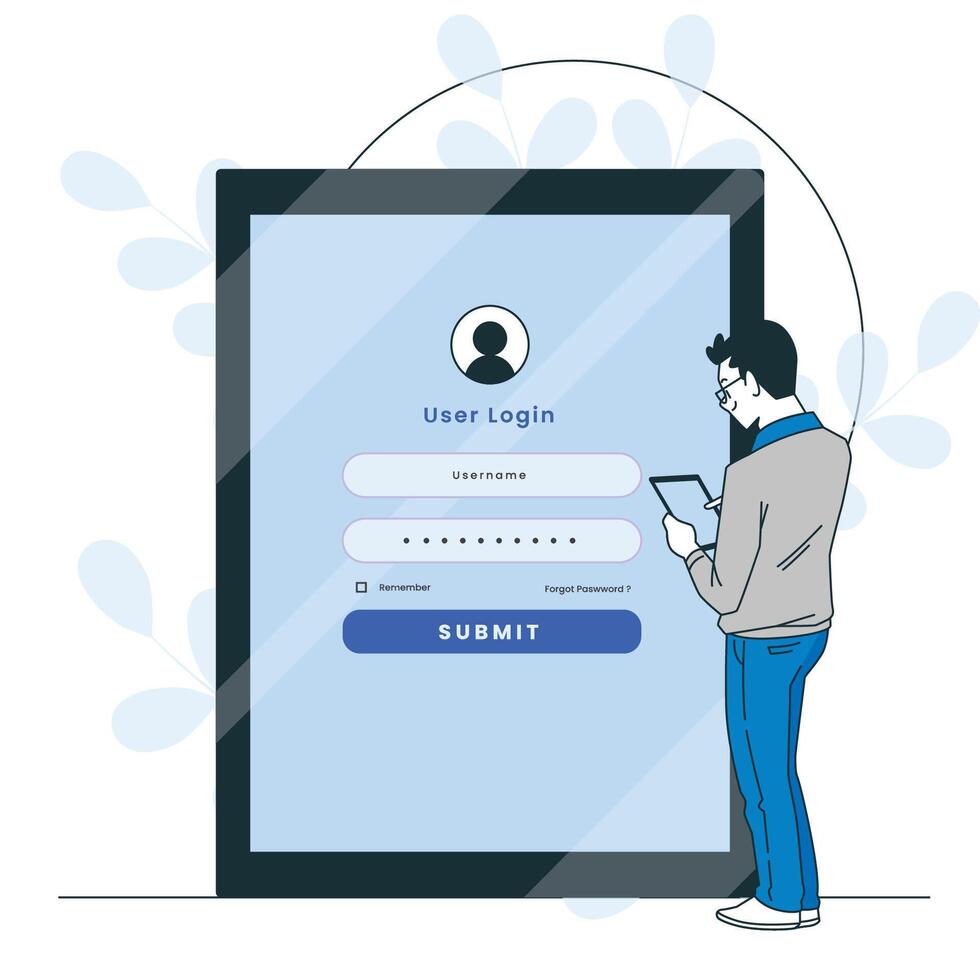 man enters username, password, personal data, access key, account login details, website, social networks, app. Guy signs up on Internet. Data protection, security in smartphone with shield. vector