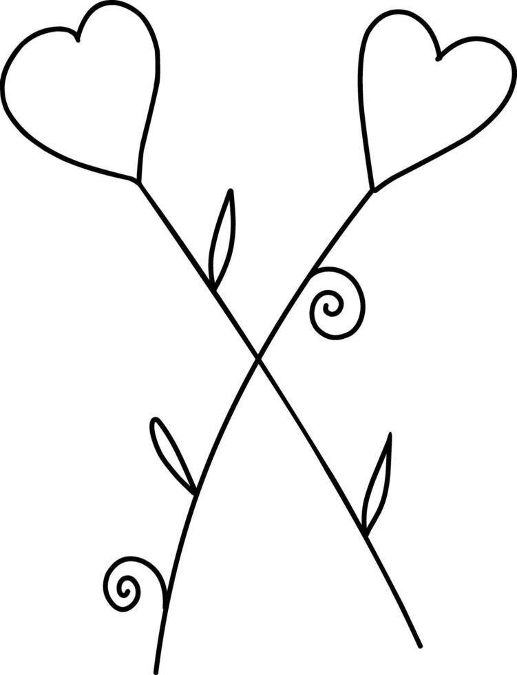 Leaves with hearts Illustration. Hand-drawn doodles illustration.Line art. vector