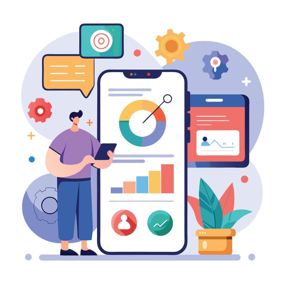 Mobile online data monitoring, analysis and management illustrations vector