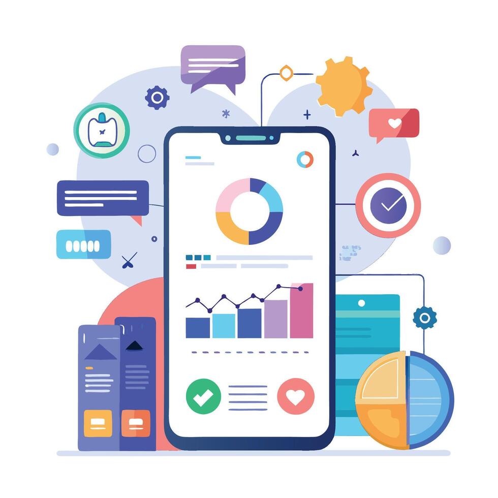 Mobile online data monitoring, analysis and management illustrations vector