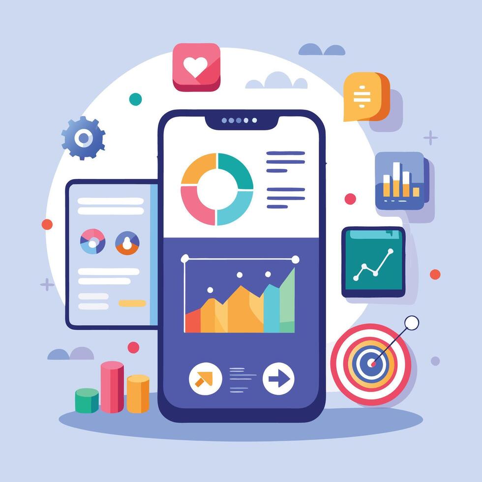 Mobile online data monitoring, analysis and management illustrations vector