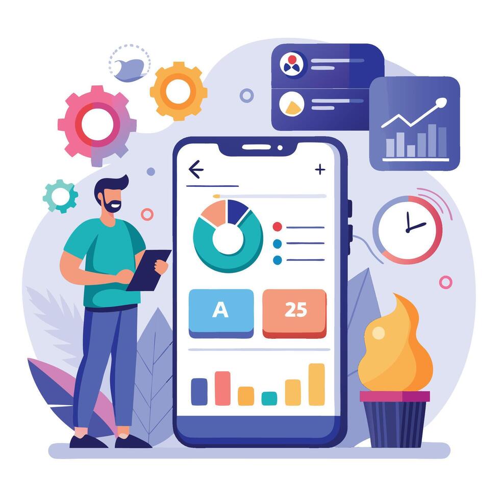 Mobile online data monitoring, analysis and management illustrations vector