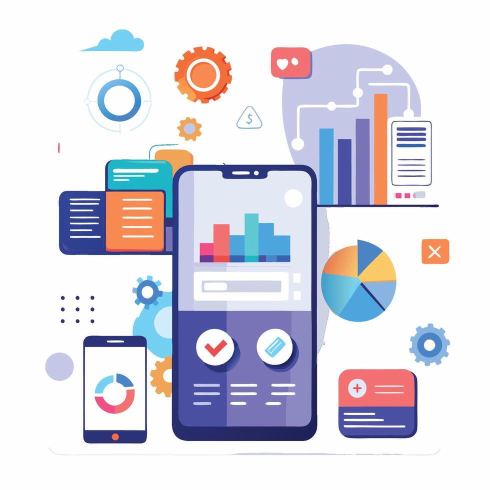 Mobile online data monitoring, analysis and management illustrations vector