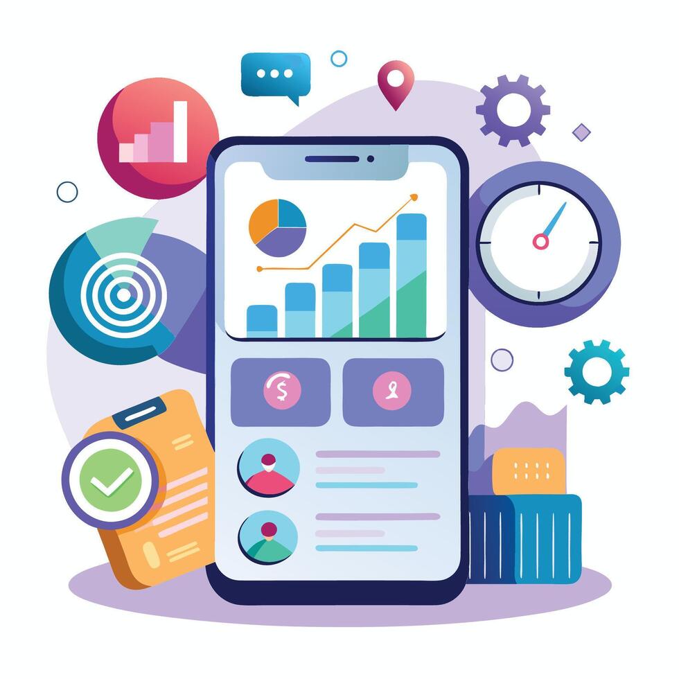Mobile online data monitoring, analysis and management illustrations vector