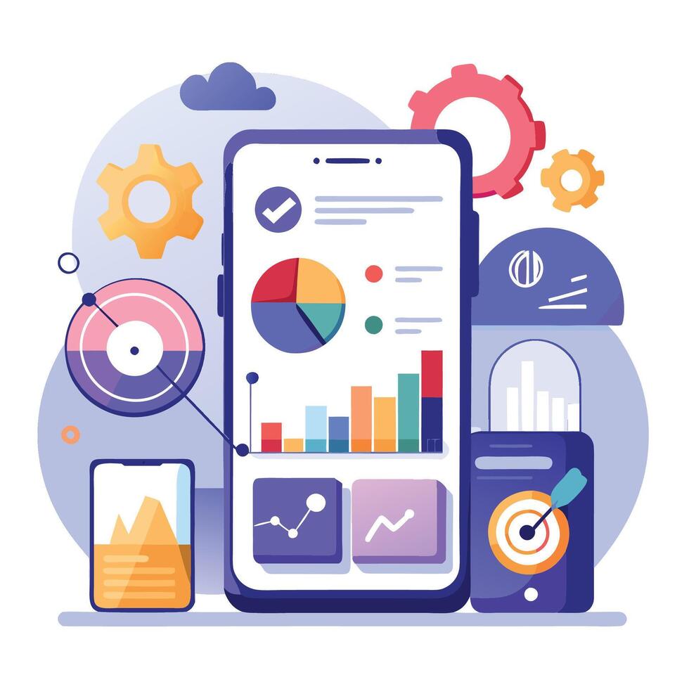 Mobile online data monitoring, analysis and management illustrations vector