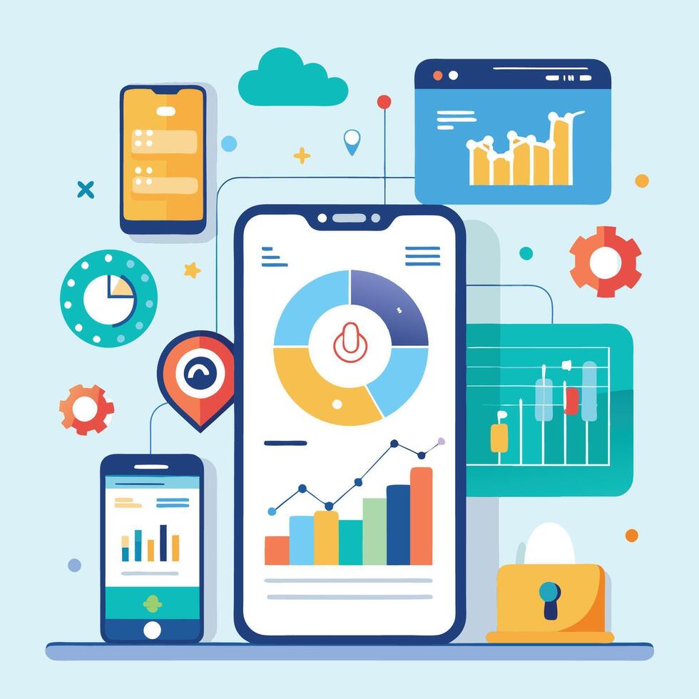 Mobile online data monitoring, analysis and management illustrations vector