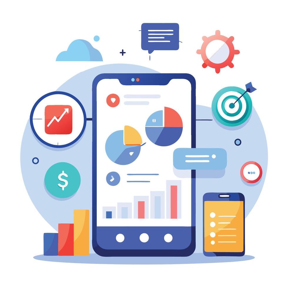 Mobile online data monitoring, analysis and management illustrations vector