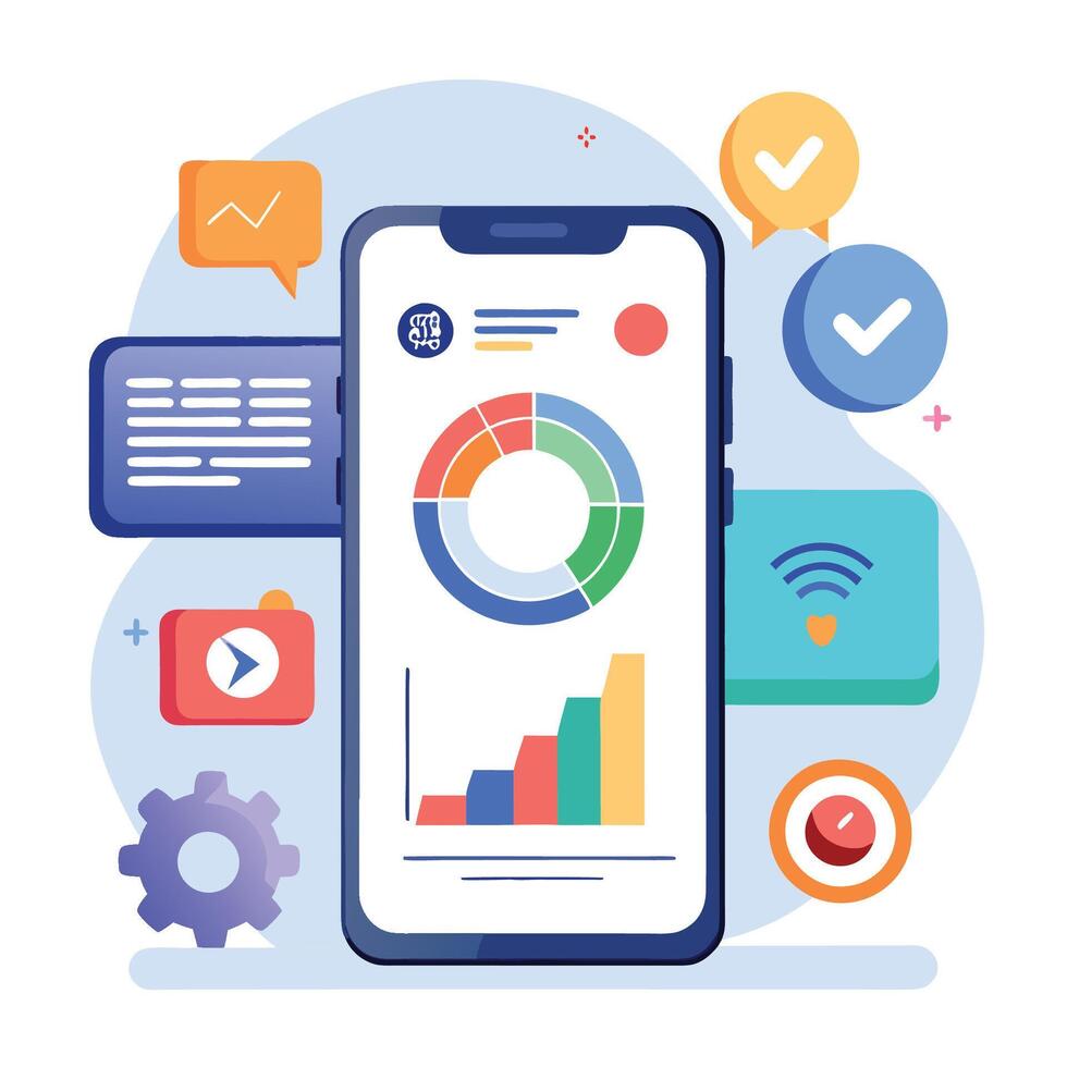 Mobile online data monitoring, analysis and management illustrations vector