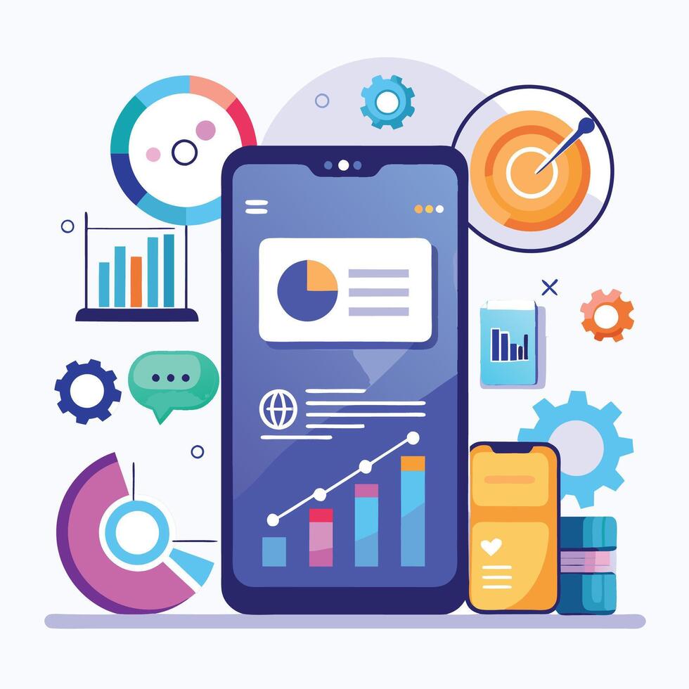 Mobile online data monitoring, analysis and management illustrations vector