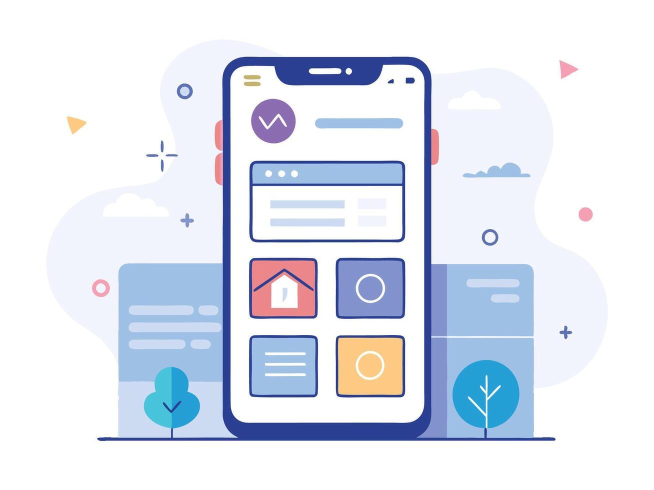 Illustration Mobile Wireframe Idea with Minimalist Design Showcasing Various UI Elements vector