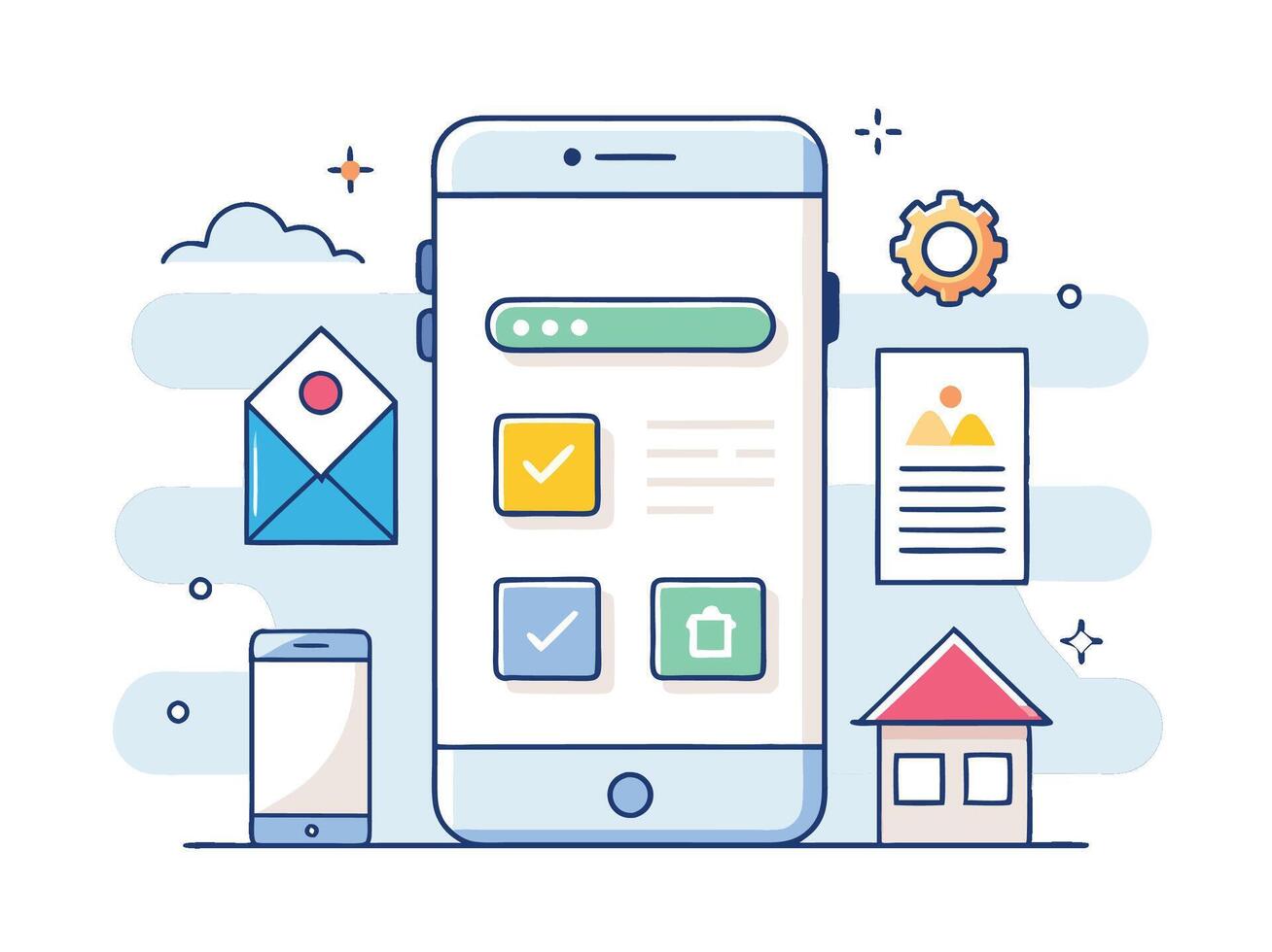 Illustration Mobile Wireframe Idea with Minimalist Design Showcasing Various UI Elements vector