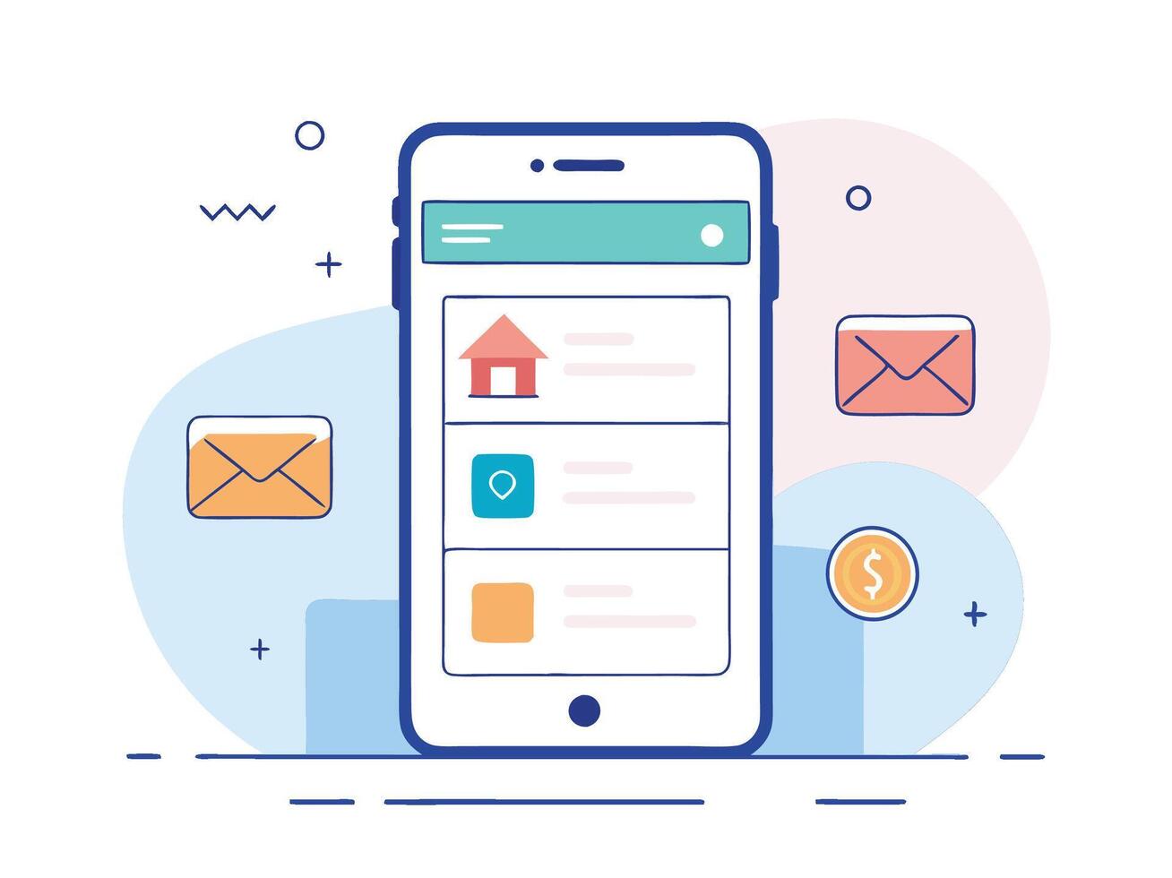 Illustration Mobile Wireframe Idea with Minimalist Design Showcasing Various UI Elements vector