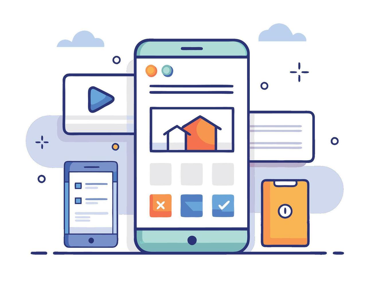 Illustration Mobile Wireframe Idea with Minimalist Design Showcasing Various UI Elements vector