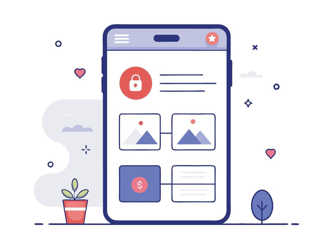 Illustration Mobile Wireframe Idea with Minimalist Design Showcasing Various UI Elements vector
