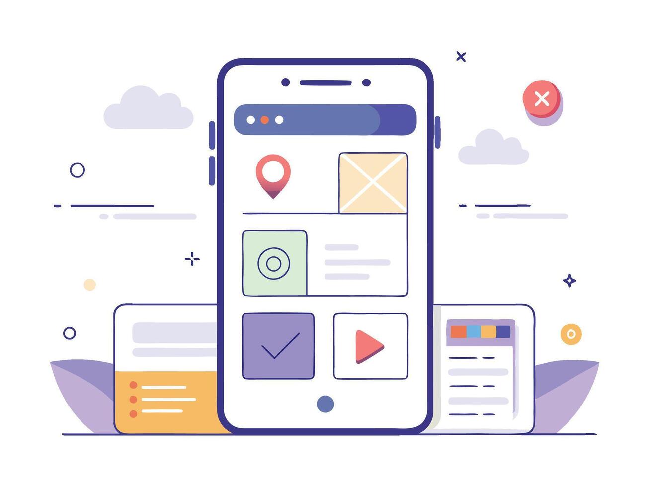Illustration Mobile Wireframe Idea with Minimalist Design Showcasing Various UI Elements vector