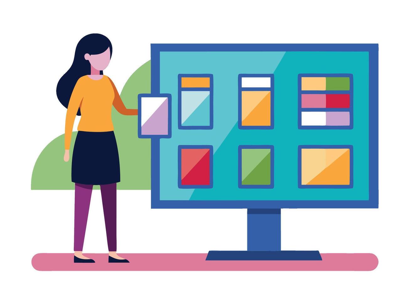 Young girl selected box on computer monitor. Modern technologies and services, Cartoon UI elements vector