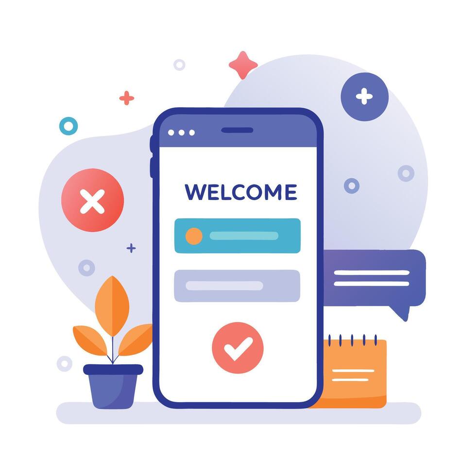 Illustration welcome message of Mobile wireframe idea with Showcasing various UI elements vector