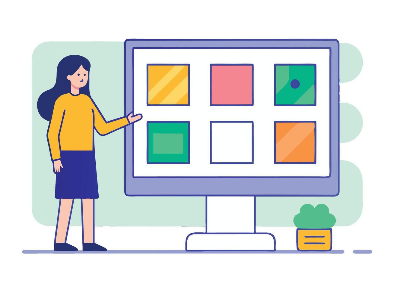 Young girl selected box on computer monitor. Modern technologies and services, Cartoon UI elements vector