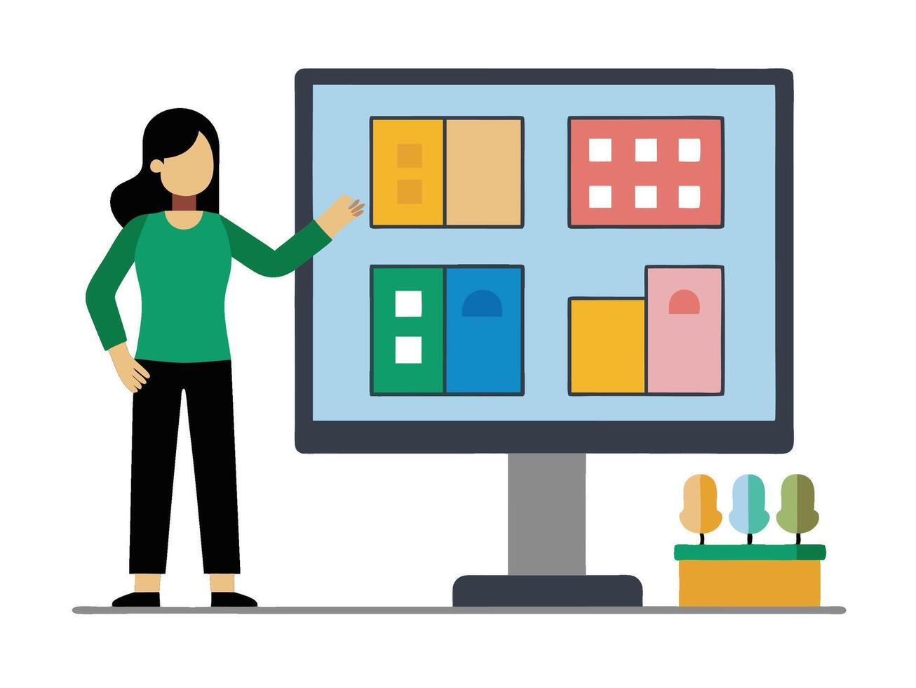 Young girl selected box on computer monitor. Modern technologies and services, Cartoon UI elements vector