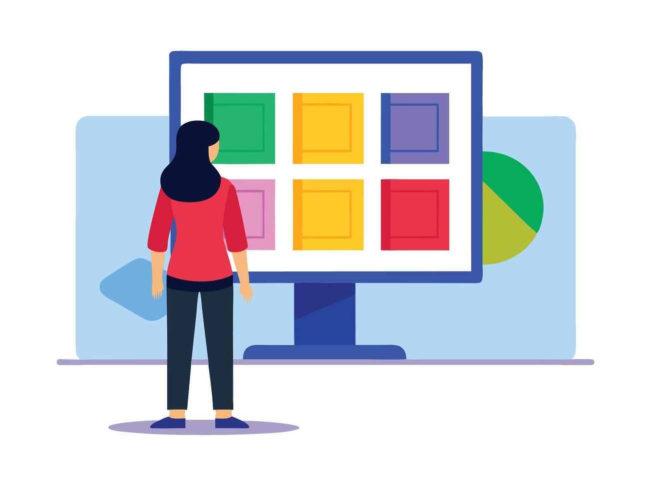 Young girl selected box on computer monitor. Modern technologies and services, Cartoon UI elements vector