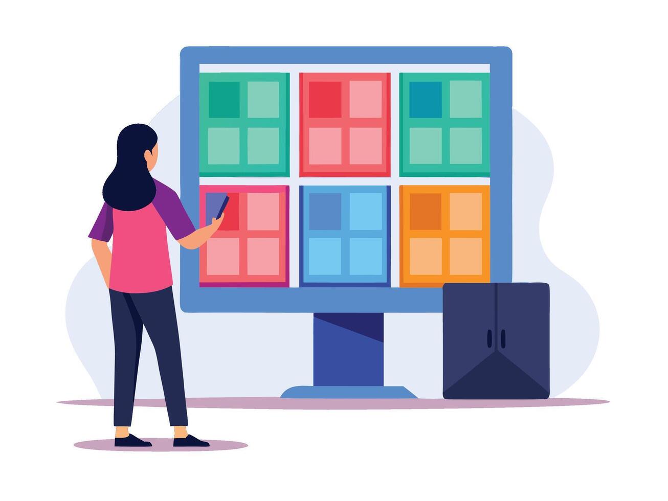 Young girl selected box on computer monitor. Modern technologies and services, Cartoon UI elements vector