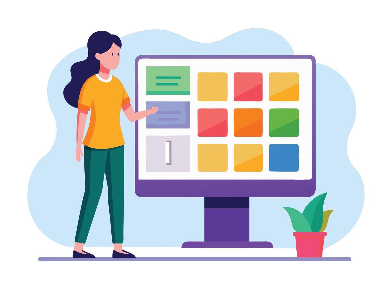 Young girl selected box on computer monitor. Modern technologies and services, Cartoon UI elements vector