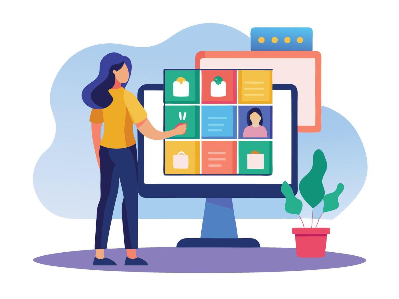 Young girl selected box on computer monitor. Modern technologies and services, Cartoon UI elements vector