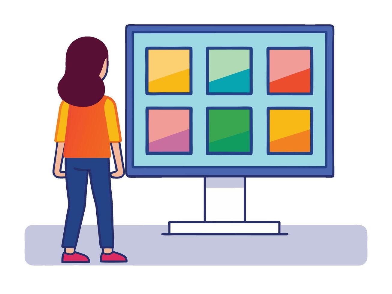 Young girl selected box on computer monitor. Modern technologies and services, Cartoon UI elements vector