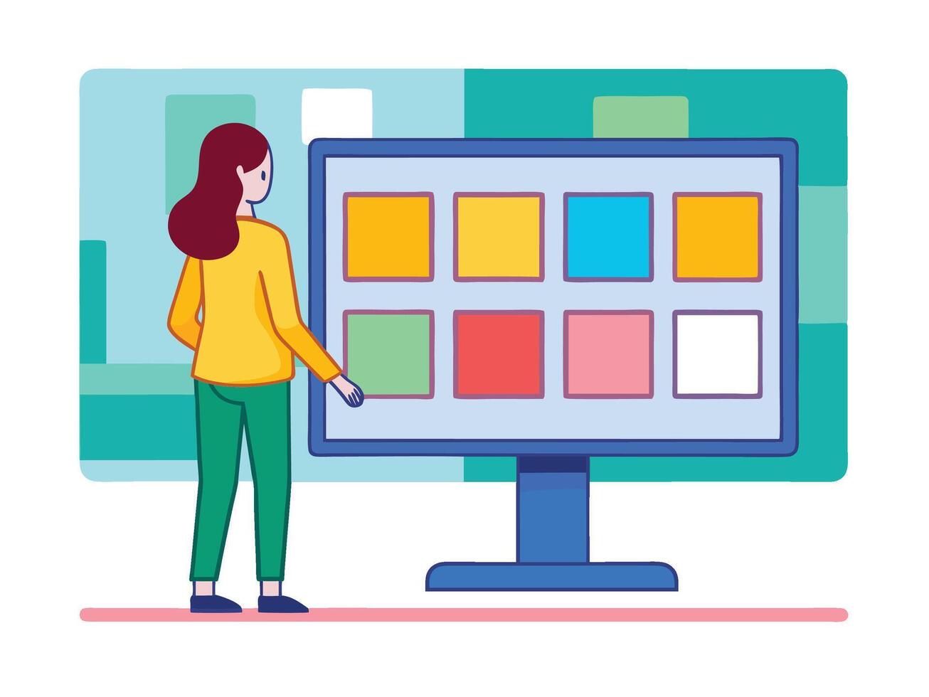 Young girl selected box on computer monitor. Modern technologies and services, Cartoon UI elements vector