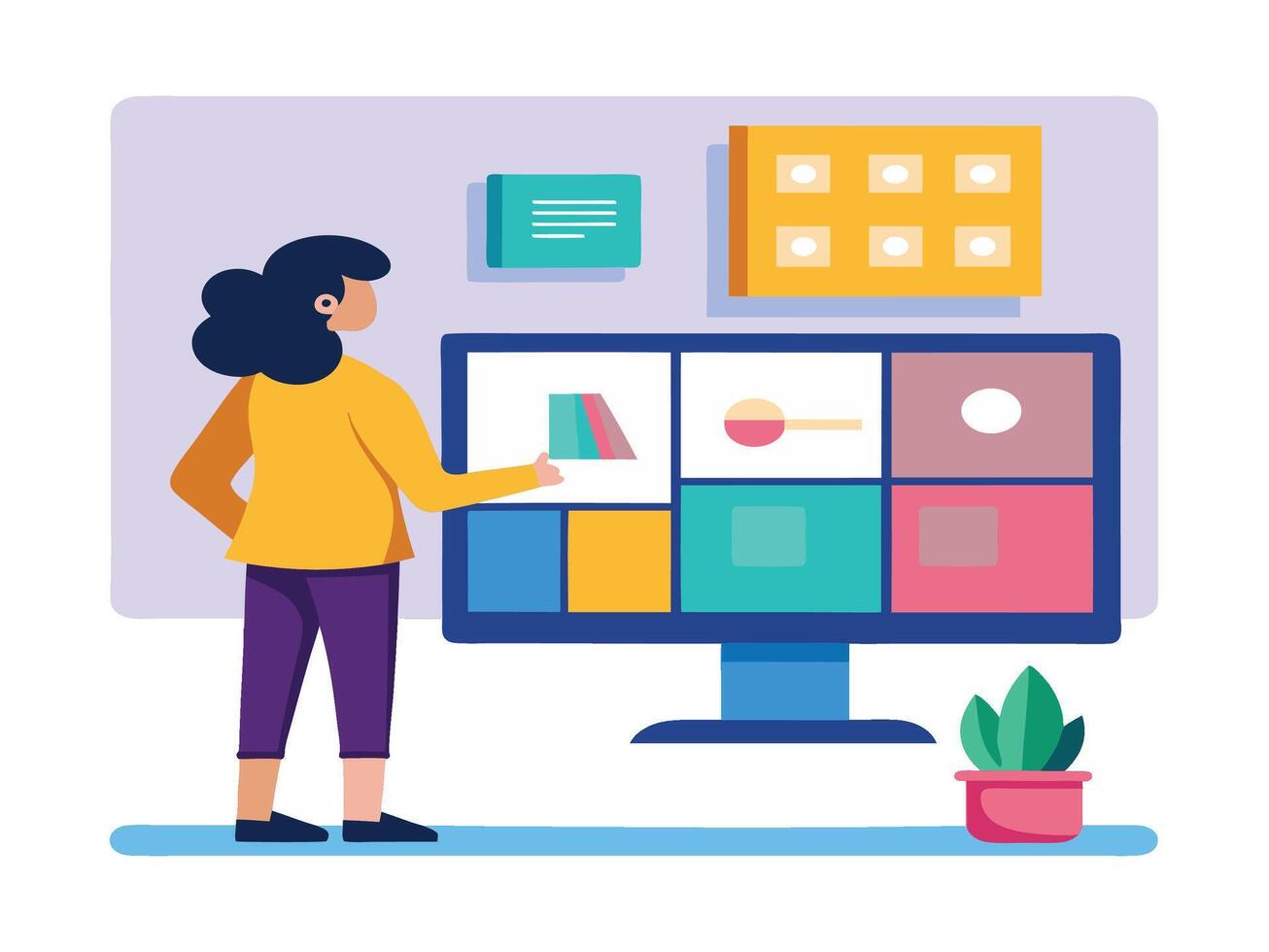 Young girl selected box on computer monitor. Modern technologies and services, Cartoon UI elements vector