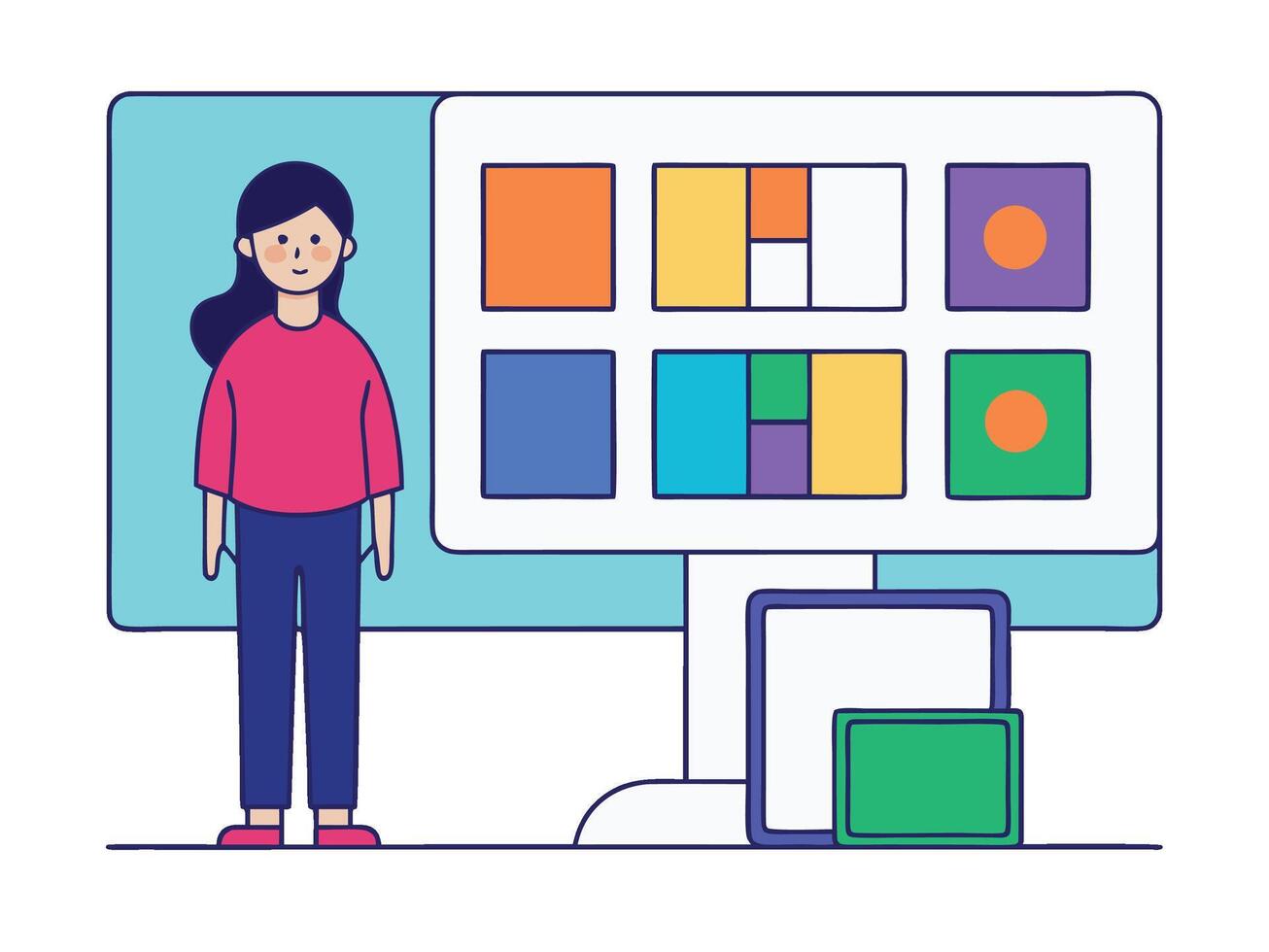 Young girl selected box on computer monitor. Modern technologies and services, Cartoon UI elements vector
