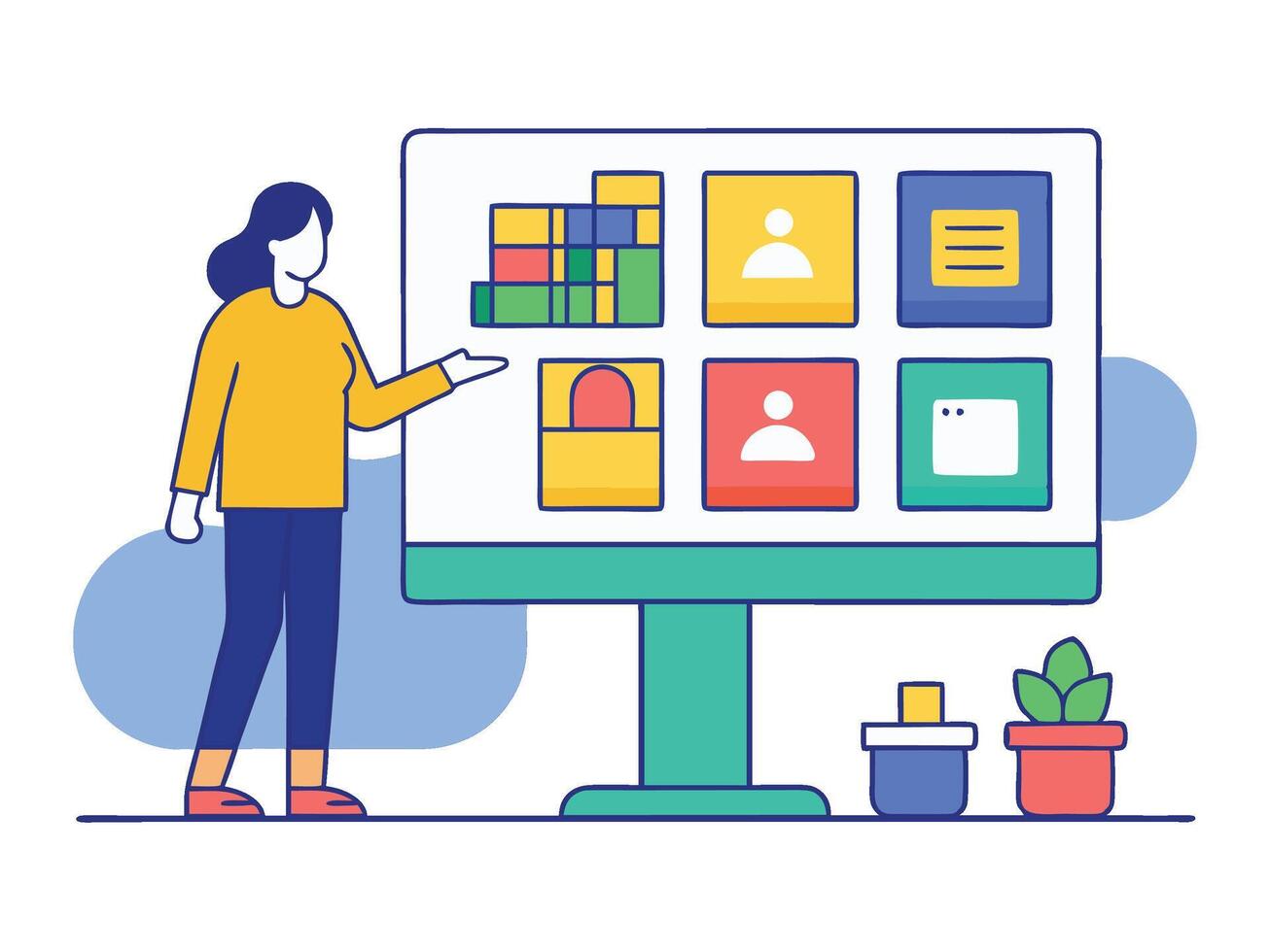 Young girl selected box on computer monitor. Modern technologies and services, Cartoon UI elements vector