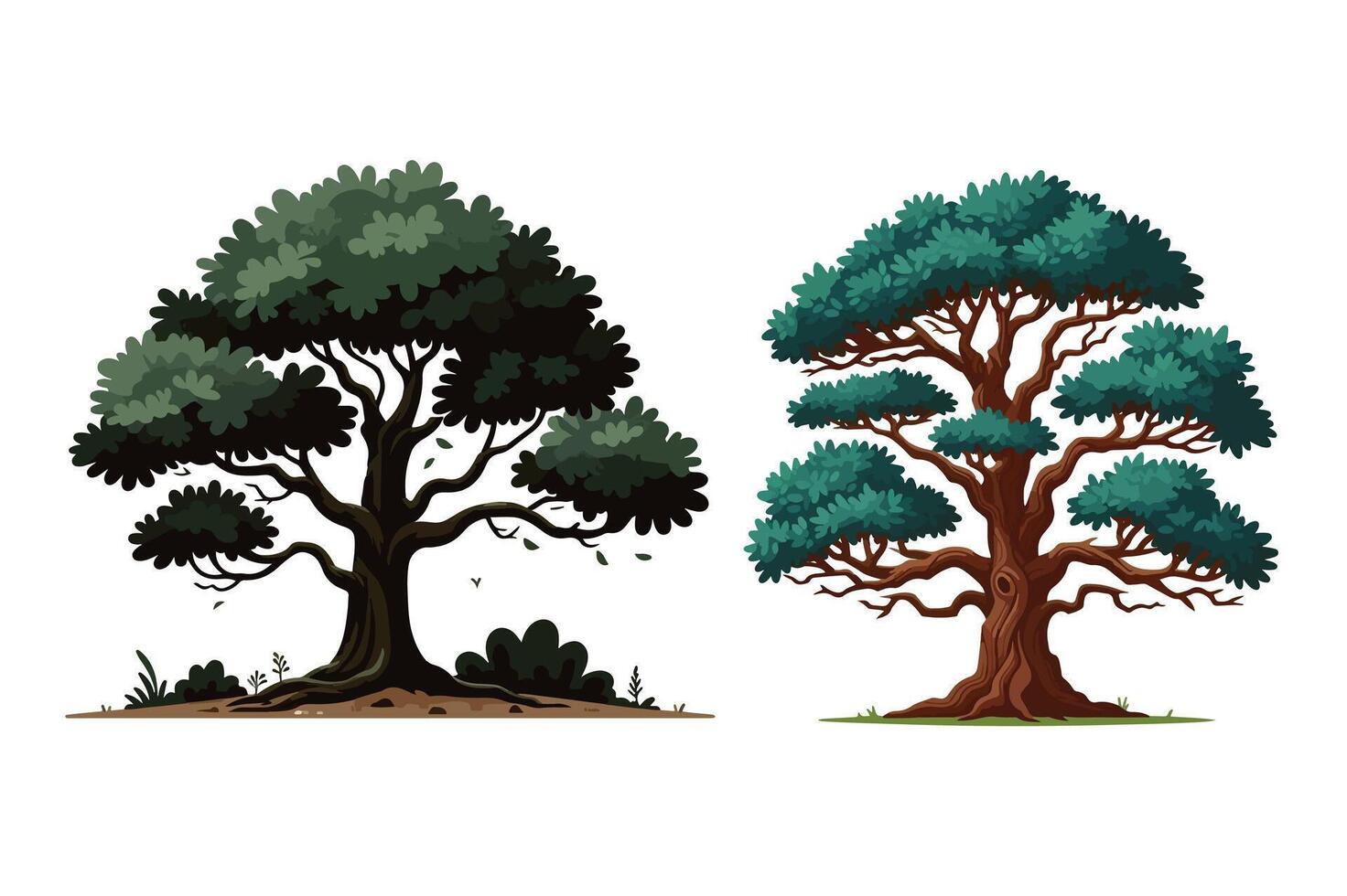 Group of Green tree illustration with lush foliage and intricate branches on a white background vector