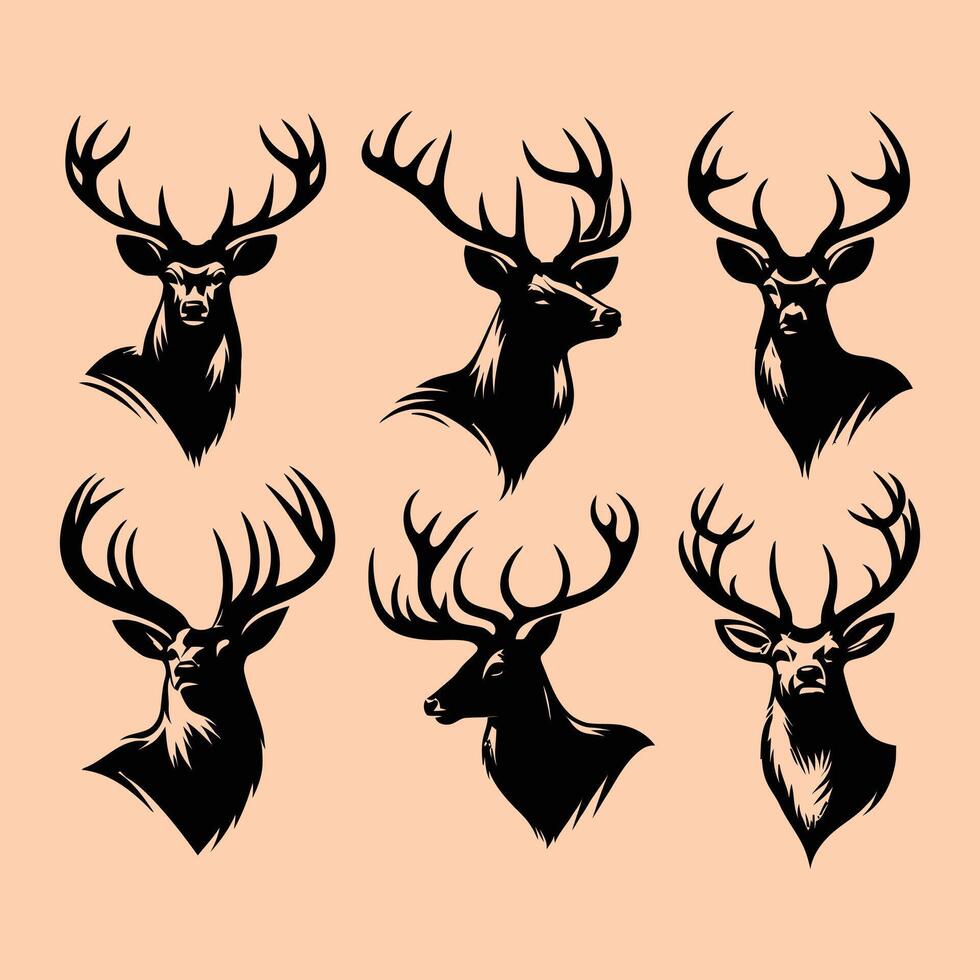 Set of group black and white deer head illustrations with antlers on color background vector