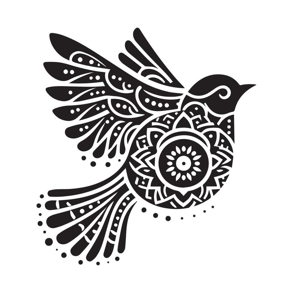Mandala bird illustration with intricate black and white design vector