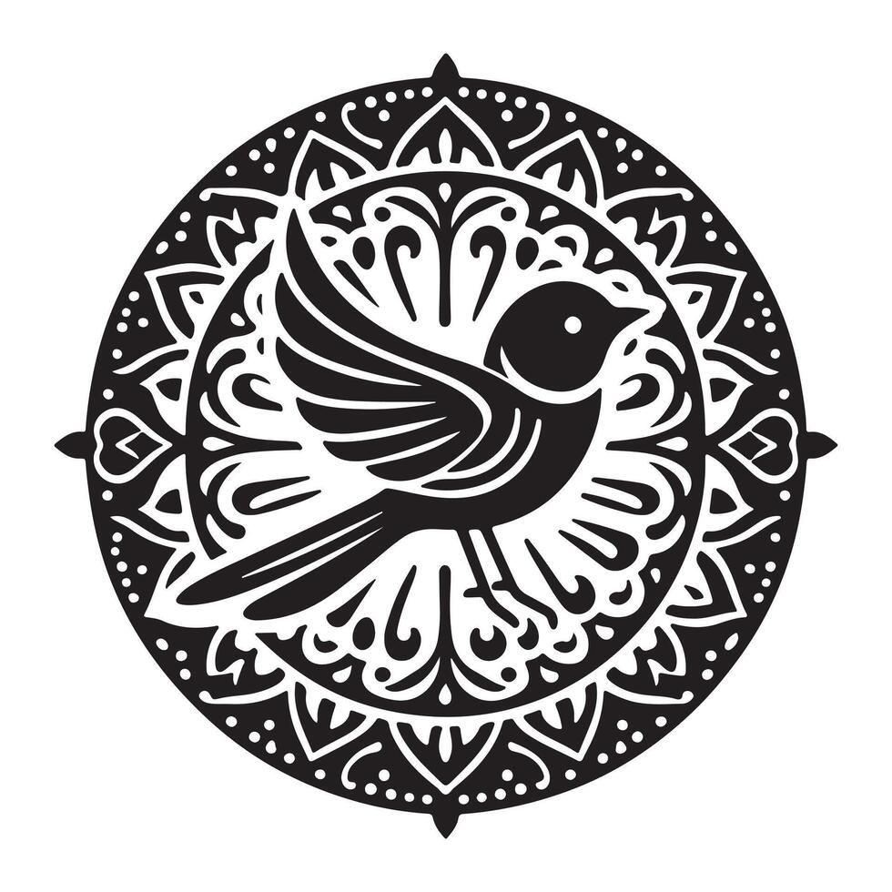 Mandala bird illustration with intricate black and white design vector