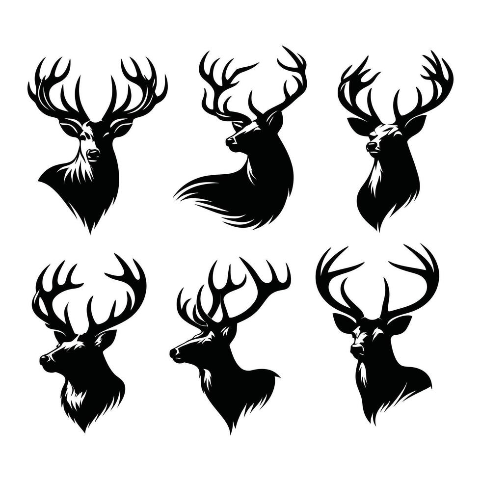 Set of deer head silhouettes illustration with antlers isolated on white background vector