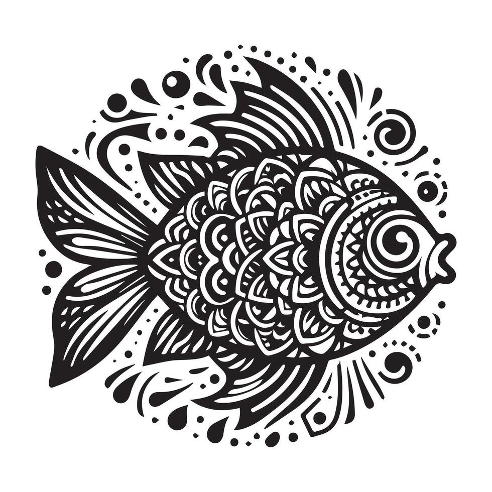 Intricate Black and White Fish Illustration with Decorative Patterns, Perfect for Coloring Pages or Tattoos vector